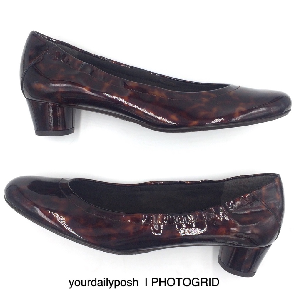 Brown leather Stuart Weitzman patent tortoise shell low heels pumps 7N